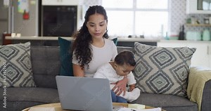 .Mother, baby and laptop with remote work and email typing on a family home sofa. Computer, toddler and online working with career life balance at a house with mom and kid together in a lounge couch.