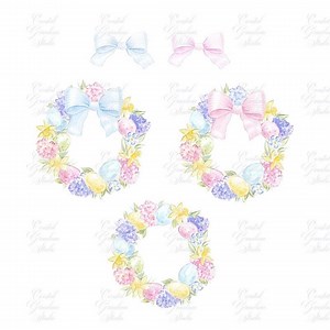 Easter Floral Wreath Clip Art: Watercolor Bows & Eggs (PNG Digital Download) - Etsy