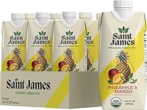 Saint James Iced Tea - Organic Green Tea - Non GMO, Gluten Free, Low Calorie & Low Sugar - Pineapple & Mango, 12 Pack (16 fl oz each)