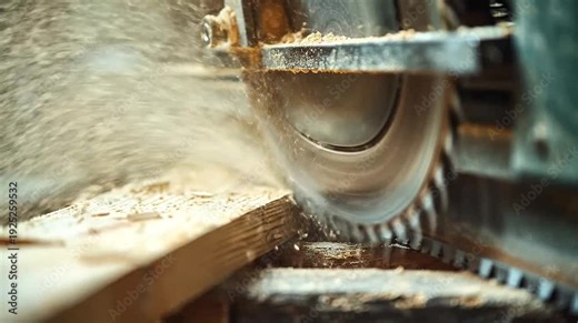 Close-up of a circular saw rapidly cutting wood, creating a dynamic burst of sawdust