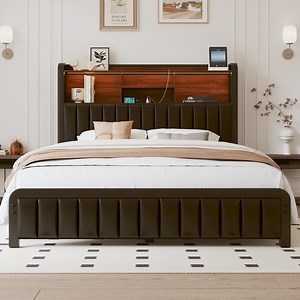 Queen Bed Frame with LED Lights, Charging Station , Tall Storage Headboard