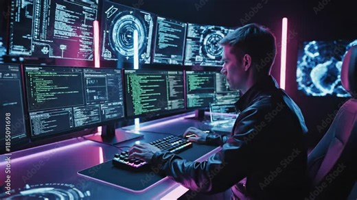Cybersecurity professional analyzing complex data and programming on multiple glowing screens in a futuristic command center, optimizing digital systems