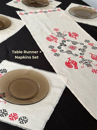 Linen Table Runner With Napkins Set, Hand Block Print Table Decor, Ukrainian Folk Table Linen, Custom Table Runner Set - Etsy