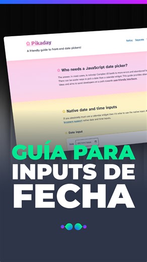 Hello Everyone! on Instagram: "📅 ¿Querés mejorar la experiencia de usuario con inputs de fecha en tu web? Te presento Pikaday. No solo se trata de una guía completa sobre como implementar de manera óptima tus inputs de tipo date o datetime, sino que tambien es una biblioteca JavaScript super liviana con la que puedes incluso mejorarlos. 🔗 Dale una mirada: https://pikaday.dbushell.com/ — y contame qué te parece, si lo probás 😉 #Pikaday #Datepicker #DesarrolloWeb #WebDev #Frontend #UX #HTML #Ja