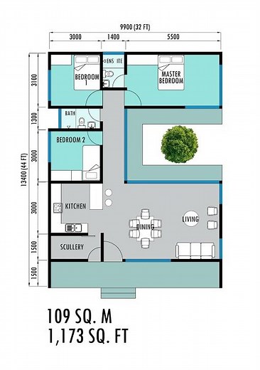 3 Bedroom Courtyard House Floor Plan