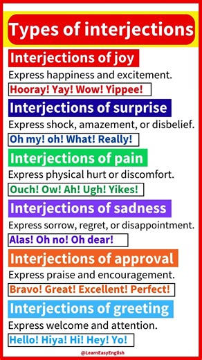 English grammar - TYPES OF INTERJECTIONS 🤔| Joy, surprise, pain, sadness, approval, & greeting