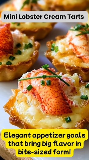 Perfect for parties or date nights — buttery tart shells filled with silky cream and topped with tender lobster. Absolutely irresistible! Ingredients: 12 mini tart shells (store-bought or homemade) ½ cup cooked lobster meat, chopped or claw pieces 2 tbsp butter 2 tbsp all-purpose flour ¾ cup milk ¼ cup heavy cream ½ cup shredded Gruyère or mozzarella cheese Salt & pepper to taste 1 tsp lemon juice 1 tbsp chopped chives (for garnish) Directions: Preheat oven to 375°F (190°C). If using raw tart sh