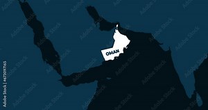 World Map Zoom In To Oman. Animation in 4K Video. White Oman Territory On Dark Blue World Map
