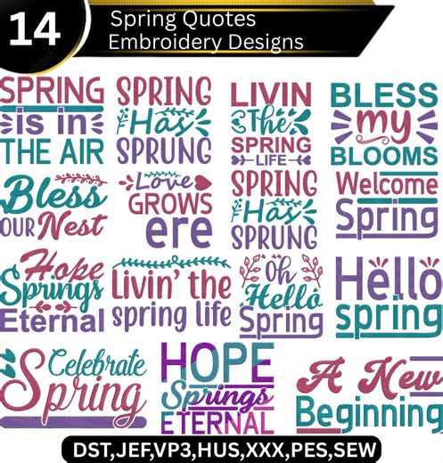 Spring Season Quotes Embroidery Designs Bundle | Hello Spring Sayings | Seasonal Word Art Machine Embroidery Files for Shirts, Decor & Gifts - Etsy