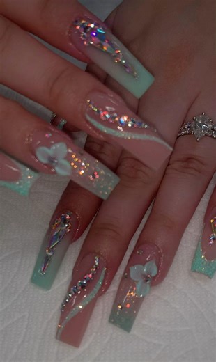 Summer 3D Mint Green Flower XL Square Press on Nails | Whimsical Swirl Glitter & Rhinestone Luxury Nails | Trendy Y2K Vacation Nail Art - Etsy