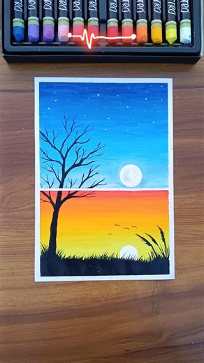 Day to Night Magic 🌙 | Oil Pastel Moon & Sunset Art #shorts