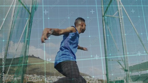 Male athlete doing discus throw after stride in cage grid overlay tracking rotation for sports prep
