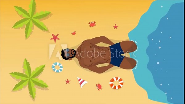 Animation of a muscular shirtless man sunbathing on a tropical summer beach