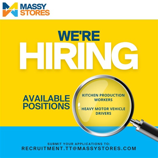 We’re hiring! At Massy Stores we’re currently hiring for the following positions: Heavy Motor Vehicle DriversKitchen Production workersInterested? Please email your application to… | Massy Stores Trinidad