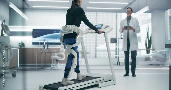 Futuristic Medical Lab Showcases Advanced Physical Rehabilitation Using an Exosuit on a Treadmill, Monitored by a Doctor. Advanced Technology Enhances Recovery Through Innovative Research.