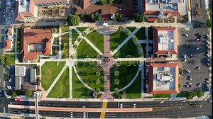Drone view over college corpora surrounded by residential neighborhoods and streets