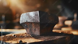 Closeup of a blacksmiths anvil, its surface worn and dented from years of hammering and shaping metal.