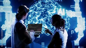 Proactive IT coworkers programming scripts on laptop, employing AI machine learning. Efficient colleagues manipulating lines of code for artificial intelligence applications development