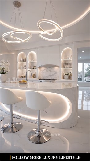 Surya Architects on Instagram: "Step into the future of culinary elegance. ✨ This all-white sanctuary blends fluid curves with marble craftsmanship to redefine modern luxury. From the halo lighting to the seamless arched shelving, every detail is engineered for the sophisticated homeowner. Estimated Value: $85k - $120k (Design & Build) Key Features: Statuario Marble, Integrated LED, Custom Arched Joinery. #kitchengoals #dreamhomegoals #WhiteLuxury #HomeDecor #HighEndLiving"