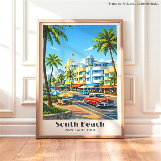 South Beach Poster – Miami Art Deco With Vintage Car & Palm Trees, Retro Florida Wall Art, USA Travel Print, Beach Scene - Etsy