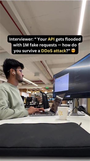 Bhavesh Vaswani on Instagram: "Most APIs fail under fake traffic — here’s how big companies stay online during DDoS attacks. Comment "PDF" to get detailed notes or refer bio ! ⸻ 1️⃣ Rate Limit Requests Per IP / API Key 👉 Limit how many calls each client can send, so bots can’t flood you. Example: Like allowing only 5 people per minute at an ATM so one person can’t block everyone. ⸻ 2️⃣ Block Bad Traffic at the Network Edge 👉 Drop malicious IPs before they reach your servers. Example: Like stop