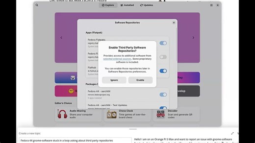 Fedora 44 gnome-software stuck in a loop asking about third party repositories