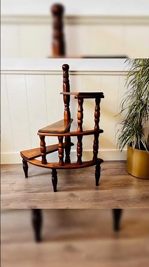 Carved Wood Library Step Ladder – Three-Tier Spiral Design, Antique Style Stair Display