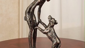 Good Dog Table Sculpture | Textured Resin Dog Statue | Man and Puppy Dog | Woman and Puppy Dogs | Modern Art Table Decor | Bronze Gold Gray | Animal Pet Home Decorations | Gifts For Dog Lovers