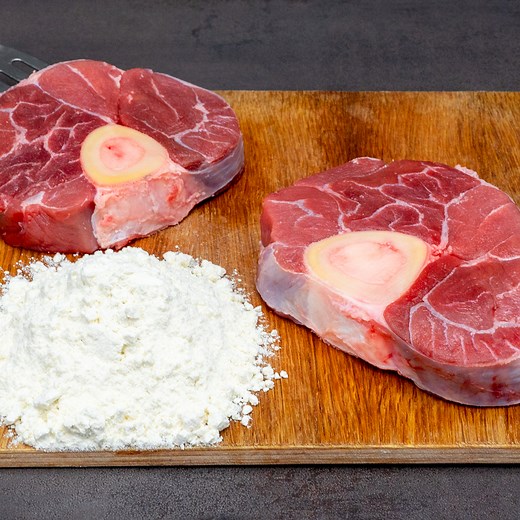 Now that's the only way I cook the meat, and the family loves it! Ingredients: onion: 1 pc carrot: 200 g (7.1 oz) celery: 200 g (7.1 oz) black pepper: 3 g (0.1 oz) salt: 10 g (0.4 oz) garlic: 1 pc ground coriander: 3 g (0.1 oz) dried rosemary: 5 g (0.2 oz) bay leaves: 2 pc tomato sauce: 200 g (7.1 oz) chicken broth: 300 ml (10 fl oz) veal shank: 700 g (25 oz) salt: 7 g (0.2 oz) black pepper: 5 g (0.2 oz) flour: 200 g (7.1 oz) potatoes: 300 g (11 oz) red onion: 1 pc black pepper: 3 g (0.1 oz) sal