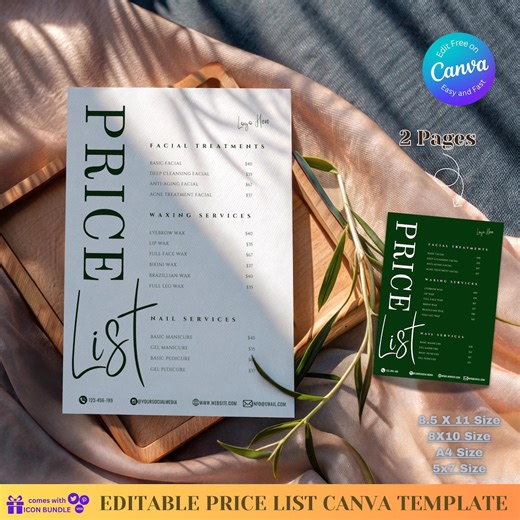 Editable Dark Green Spa Price List Template | Minimalist Salon Menu Canva Beauty | Services List - Etsy Canada
