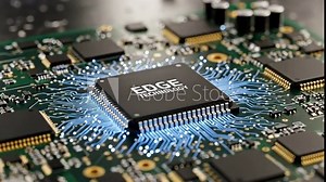 Edge Technology Microchip on Circuit Board - Close-up of a microchip labeled "Edge Technology" integrated into a complex circuit board, showcasing advanced electronic components and connections.