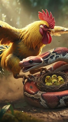 A red gaint python attacks on babychicks || Father rooster fight with python and protect his chicks🤯