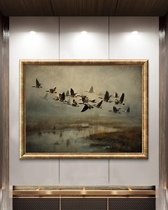 Flying Geese Over Marsh – Vintage Style Wildlife Oil Painting Print, Misty Nature Wall Art - Sold UNFRAMED Only#456 - Etsy