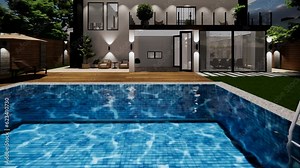 Contemporary house with pool. Pool deck at private villa. 3d visualization