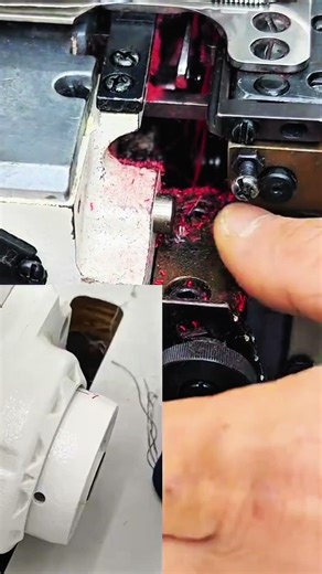 Sewing machine stitches brown fabric with red thread guided by fingers