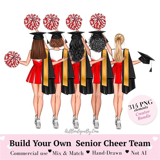 Senior Cheer Team Clipart Bundle | Build Your Own Graduation Cheerleader Back View PNG - Etsy