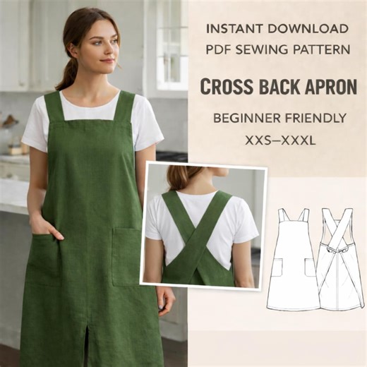 Japanese Style Cross Back Apron | Beginner Pinafore Apron Pattern With Pockets | Instant Download - PDF Sewing Pattern - Etsy Canada