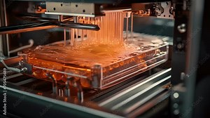 A of a 3D bioprinter, showing layers of stem cells being precisely deposited to create a scaffold for tissue growth and regeneration.
