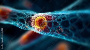 Medium frame showing close interaction between patient cells and scaffold microstructure during recellularization phase highlighting biological complexity with faintly blurred