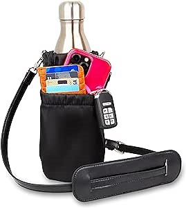 Crossbody Water Bottle Holder with Strap - Minimalist Water Bottle Sling Bag with 2 Pockets for Storing Keys, Phone & Cards - Water Bottle Carrier with Strap That Fits Many Bottle Sizes (Up to 25 Oz)