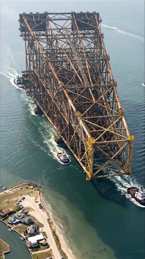 Moving a Colossal Offshore Oil Rig Structure A massive offshore jacket platform structure is carefully transported across the ocean using powerful marine tugboats in a precision heavy lift marine towing process that showcases the scale of modern offshore engineering. This gigantic steel foundation, built to support oil and gas platforms in deep waters, glides through the sea as coordinated vessels guide its movement with expert control. The scene reflects the luxury of industrial power, human ex