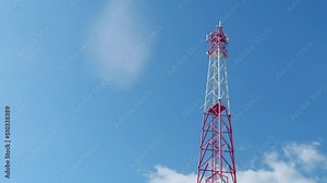 Cell site of telephone tower with 6g base station transceiver. Tower antenna telecommunication cell phone. Time lapse.