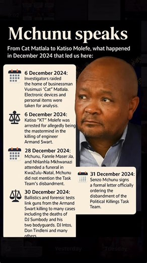 Miss Media on Instagram: "Mchunu speaks From Cat Matlala to Katiso Molefe, what happened in December 2024 that led us here: 🗓️ 6 December 2024: Investigators raided the home of businessman Vusimuzi “Cat” Matlala. Electronic devices and personal items were taken for analysis. 🗓️ 6 December 2024: Katiso “KT” Molefe was arrested for allegedly being the mastermind in the killing of engineer Armand Swart. 🗓️ 28 December 2024: Mchunu, Fannie Masemola, and Nhlanhla Mkhwanazi att