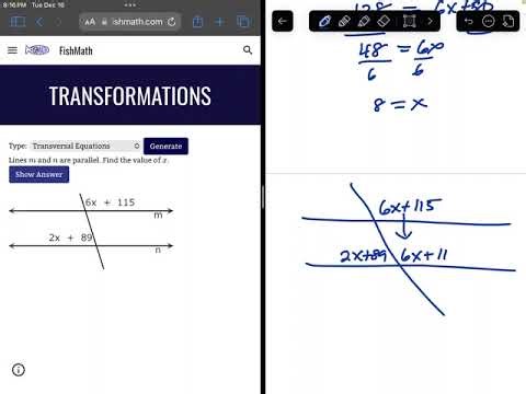 Parallel Lines Cut by a Transversal Equations - FishMath.com