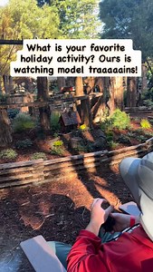 What is your favorite holiday activity? Ours is watching model trains! #autism #neurodiversity #stimming [image: video of a seated man, from behind. He is stimming with Mardi Gras beads, and watching miniature freight trains run on multi-level woodland tracks.] | Thinking Person's Guide to Autism