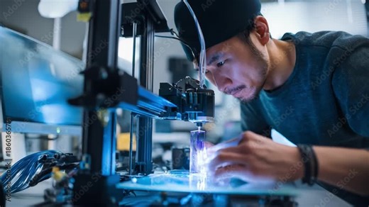 Operator monitors resin 3D printer during setup carefully pouring liquid photopolymer and aligning the build platform for accurate curing.