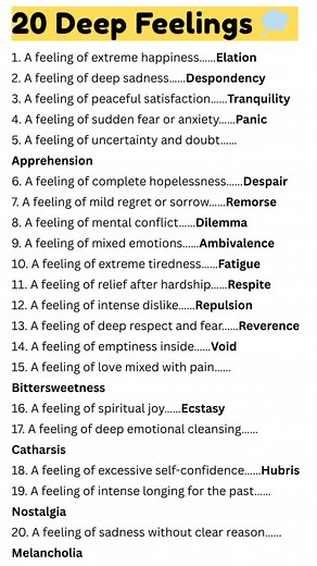 394 reactions · 65 shares | 20 Deep Feelings Words have power to express what the heart feels but lips can’t speak ❤️ Learn 20 beautiful words that define human emotions deeply. #FeelingsVocabulary #EmotionalWords #LearnEnglish #ExpressYourself #WordsofEmotion #DeepThoughts | EduSphere Academy | Facebook