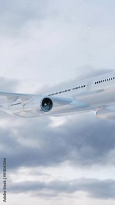 Side view of a commercial airplane flying fast above the clouds.Aerial view of a passenger plane during a flight over cloudy sky.Camera chasing the plane from the bottom right.Travel,vacation.Vertical