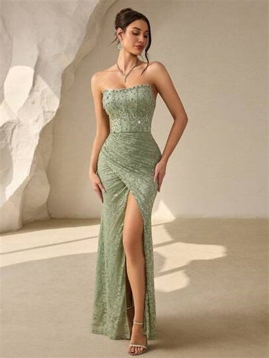 Coutiva High-End Beaded Formal Evening Gown, Luxury Elegant Party Dress For Socialite Elegant Plus Size Dress Long Formal Dress Plus Size Lace Sleeve Party Gown Plus Size Dinner Dress Plus Size Elegant Curve Dress Elegant And Sexy Strapless Backless Suspender Dress With Fan-Shaped Pearl Ribbon Design And Bodycon Straight Hem, Suitable For Birthday Party Dresses, Music Festival Dresses, Valentine's Day Dresses, Graduation Ceremony Dresses, Cocktail Parties, Parties, Dinner Dresses, Gatherings, An