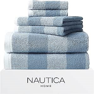 Nautica - Bath Towels, 100% Soft & Absorbent Fluffy Cotton, Highly Absorbent & Quick Dry, Medium Weight Bathroom Towels (Oak Lake Blue, 6 Piece)